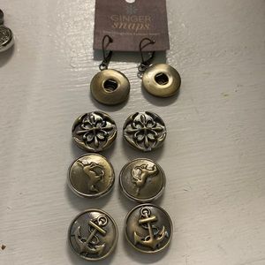One pair leverback earrings with 3 pair matched snap buttons in bronze NWT.